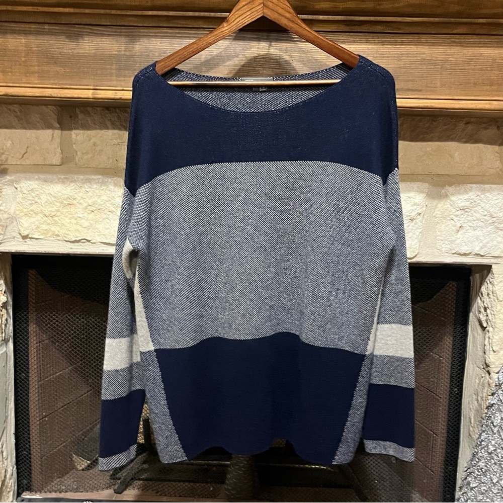 Vince Wool Cashmere Colorblock Sweater Navy Blue Gray Boatneck Size M